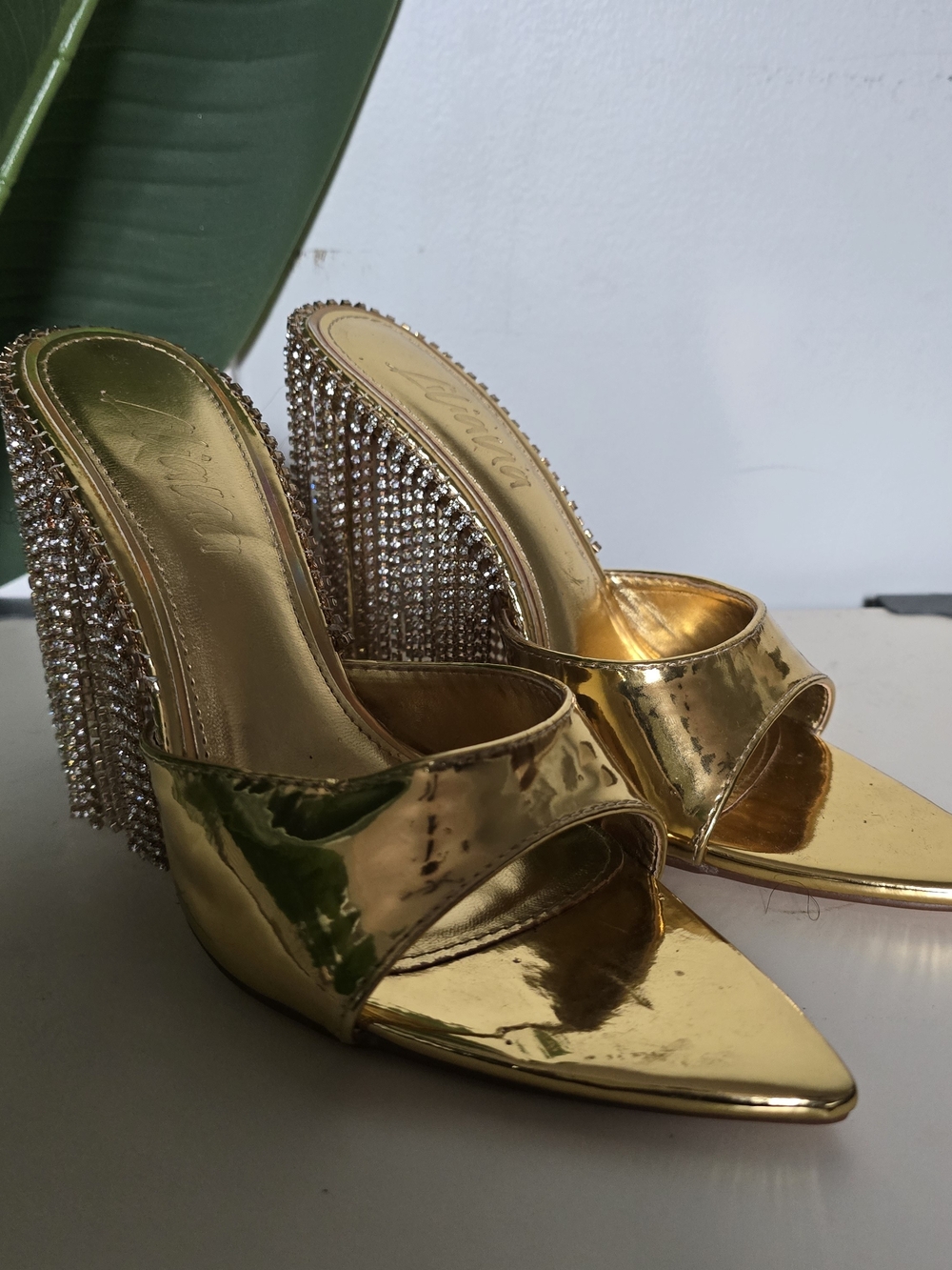 Liliana Metallic Gold Crystal-Trim Heeled Mules